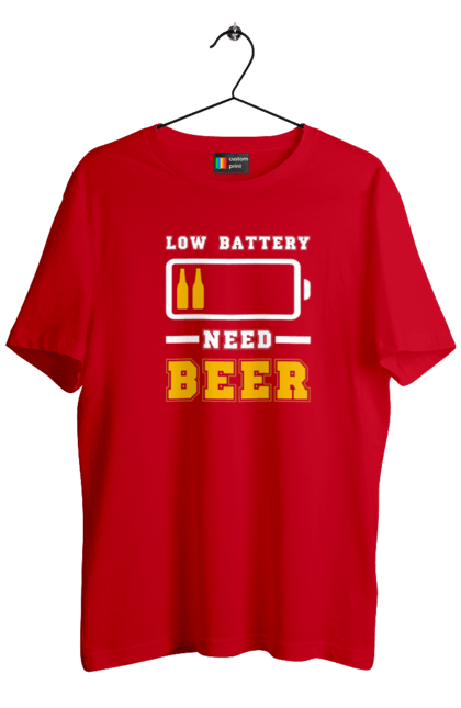 Футболка чоловіча з принтом "Low battery need beer". Алкоголь, брутальні, літні, пиво, прикольні принти, чоловічі. 2070702