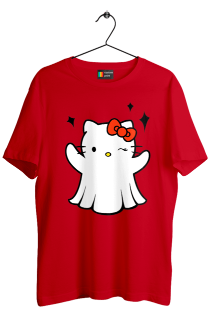 Футболка мужская с принтом Хелло Китти Хэллоуин. Ghost, halloween, hello kitty, бренд, кот, котенок, персонаж, привидение, хелло китти, хэллоуин. 2070702