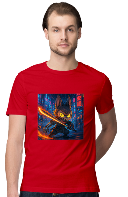 Футболка чоловіча з принтом "Лабубу". Аніместиль, дія, катана, кіберніндзя, кіберпанк, лабубу, меч, неонове місто, очі` що світяться. 2070702