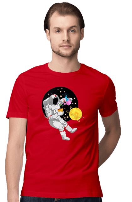 Футболка чоловіча з принтом "Космонавт у космосі поливає квіти". Агроном, квітка, космонавт, космос, планета. futbolka.stylus.ua