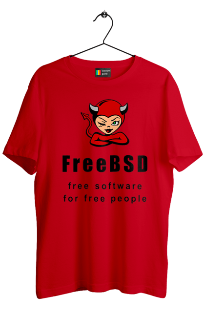Футболка чоловіча з принтом "Freebsd Для Вільних". Bsd, freebsd, unix, адміністратор, айті, айтішник, безкоштовна, безкоштовно, бестія, вільна, демон, демонесса, доступність, незалежність, операційна система, ос, програміст, програмне забезпечення, свобода, сисадмін, система, системний адміністратор, софт, текст, червоний, чорний. 2070702