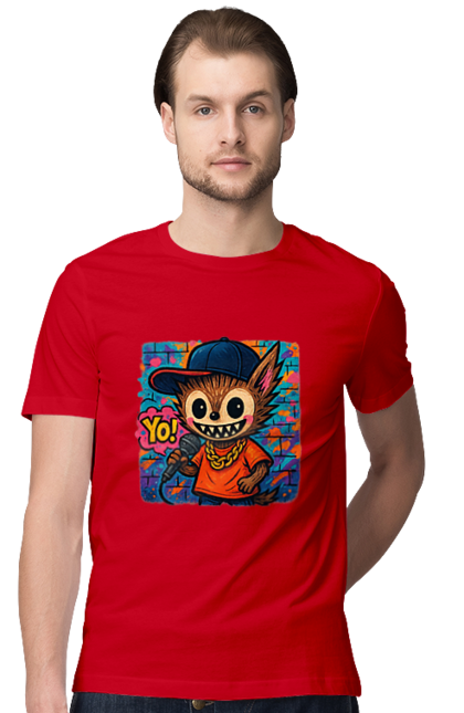 Футболка чоловіча з принтом "Лабубу". Бейсболка, вуличне мистецтво, графіті, золотийланцюг, лабубу, мікрофон, міський стиль, репатмосфера, хіпхоп, яскраво. 2070702