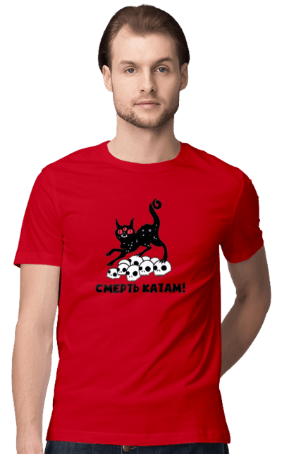 Футболка чоловіча з принтом "Смерть катам". Війна, коти, котик, патріотичне, українське, фраза, фрази, череп. 2070702