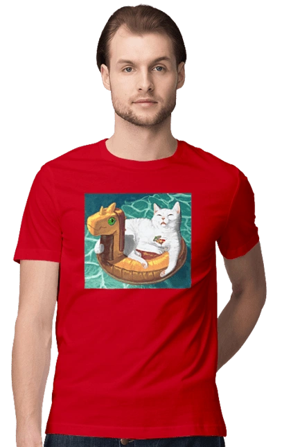 Білий кіт у плавальному колі, на відпочинку