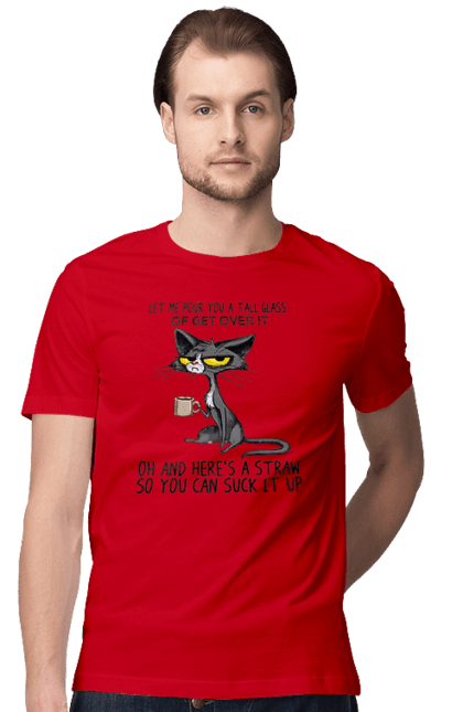 Футболка чоловіча з принтом "Як це пережити?". Велика склянка, випий, все відмінно, йди нахуй, кіт і кухоль, налий, роздум, смоктати, як це подолати. 2070702