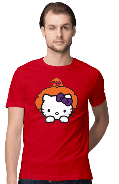 Футболка мужская с принтом Хелло Китти Хэллоуин. Halloween, hello kitty, witch, бренд, ведьма, кот, котенок, персонаж, хелло китти, хэллоуин. 2070702