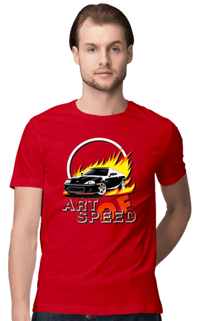 Футболка чоловіча з принтом "Автомобіль у вогні". Авто, автомобіль у вогні, гонка, дрейф, спорт, спортивна машина, швидкість. 2070702