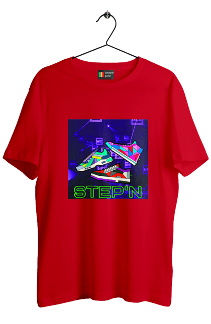 Футболка чоловіча з принтом "Step`n". Віртуальні кросівки, крипта, криптовалюти, нфт, нфт кросівки, солана, степен. 2070702