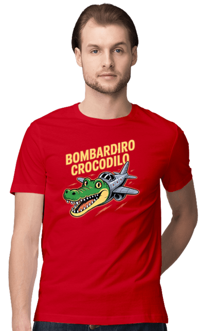 Футболка чоловіча з принтом "Bombardino Crocodilo". Bombardino, bombardino crocodilo, crocodilo, бомбардиро крокодило, бомбардіно крокоділо, крокодил, крокодил літак, крокодил мем, мем бомбардине крокодило, меми. 2070702