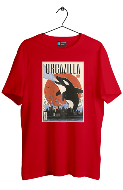 Men's t-shirt with prints Orcazilla. Cartoon style design, graphic, japan print, japanese, japanese art, japanese poster, japanese poster orca, ocean wildlife, orca, orcazilla. 2070702