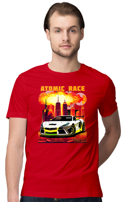Футболка чоловіча з принтом "Атомна гонка". Авто, автомобіль, атомні перегони, гонки, гоночні машини, спортивна машина, спорткар. 2070702
