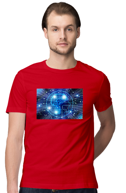 Футболка чоловіча з принтом "Штучний інтелект". Айті, айтішник, гік, знання, інженер, інтелект, кібер, кібернетика, кіборг, код, комп, комп`ютерник, кристал, машинне навчання, мікросхема, мозок, портрет, програміст, професіонал, професія, розробник, розум, хакер, чіп, штучний інтелект, штучний розум. 2070702