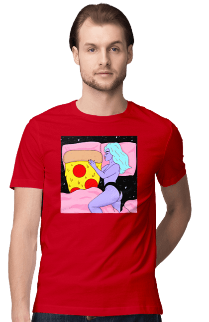 Футболка чоловіча з принтом "Фіолетова Дівчина І Піца". Дівчина, ліжко, піца. 2070702