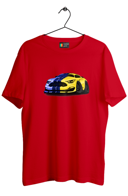 Футболка чоловіча з принтом "Український мустанг". Жовто блакитне авто, кольори україни, машина, мустанг, суперкар, форд мустанг, шелбі. 2070702