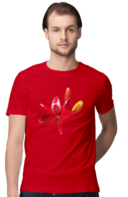Футболка чоловіча з принтом "Червона лілія". Бутон, квітка, колір, лілія, природа, сонячний, червона квітка, червона лілія, червоний, яскравий. 2070702