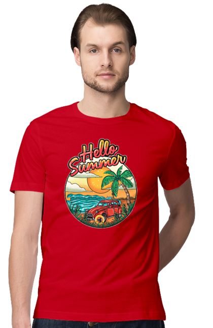 Футболка чоловіча з принтом "Привіт Літо, Машина Біля Моря". Літо, машина, острів, пальма, пляж. 2070702