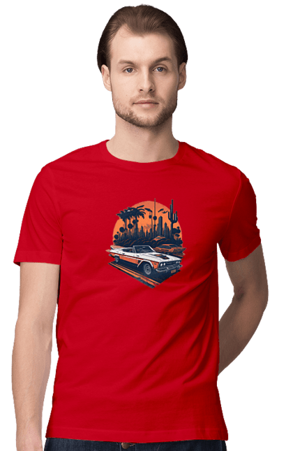 Футболка чоловіча з принтом "Гарне авто на закаті". Авто, закат, захід сонця, солнце, сонце. 2070702