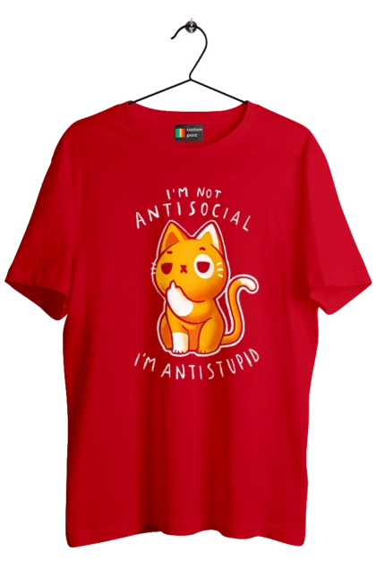 Футболка чоловіча з принтом "Не антисоціальний, а антидурний". Антидурний, антисоціал, гумор, іронія, кіт, мем, прикол, сарказм, хейт, цинізм. 2070702