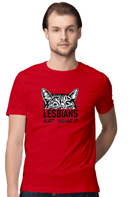 Men`s t-shirt with prints What do lesbians eat?. Funny inscriptions, humor, jokes, kittens, lesbians, lgbt. 2070702