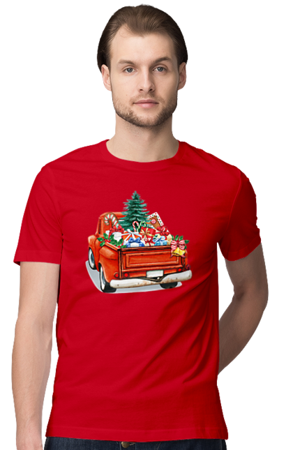 Футболка чоловіча з принтом "Авто з подарунками". Автомобіль, новий рік, подарунки, різдво, санта, ялинка. 2070702