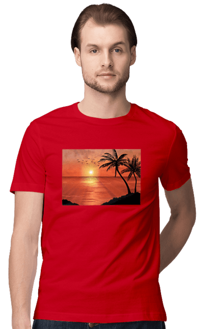 Футболка мужская с принтом Закат Пальмы Море. Берег, закат, море, пальмы. 2070702