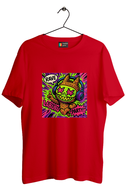 Футболка чоловіча з принтом "Лабубу". Вечірка, вуличне мистецтво, графіті, зоряніочі, коміксстиль, лабубу, навушники, неон, попарт, рейв. 2070702