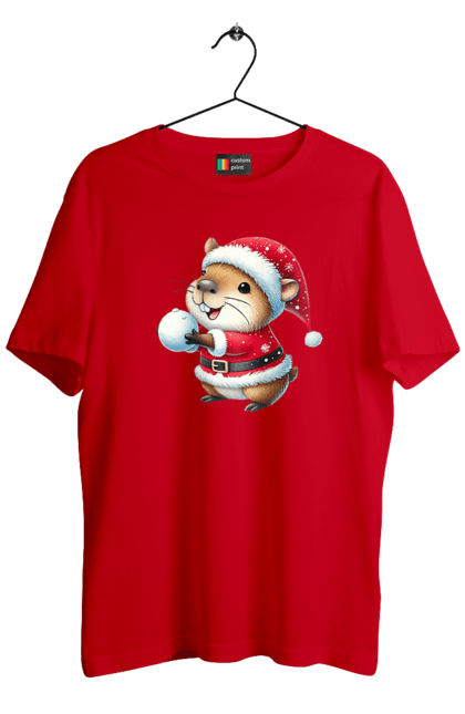 Men's t-shirt with prints Capybara playing snowballs. Animal, capybara, christmas, christmas capybara, game, gift, holiday, new year, santa, snowballs. 2070702