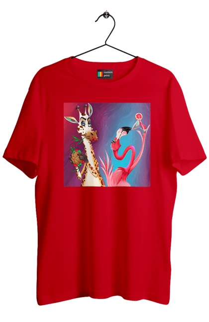 Футболка чоловіча з принтом "Жираф І Фламінго На Вечірці". Жираф, їжа, коктейль, фламінго. 2070702