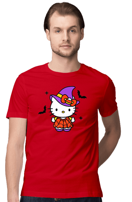 Футболка мужская с принтом Хелло Китти Хэллоуин. Halloween, hello kitty, witch, бренд, ведьма, кот, котенок, персонаж, хелло китти, хэллоуин. 2070702