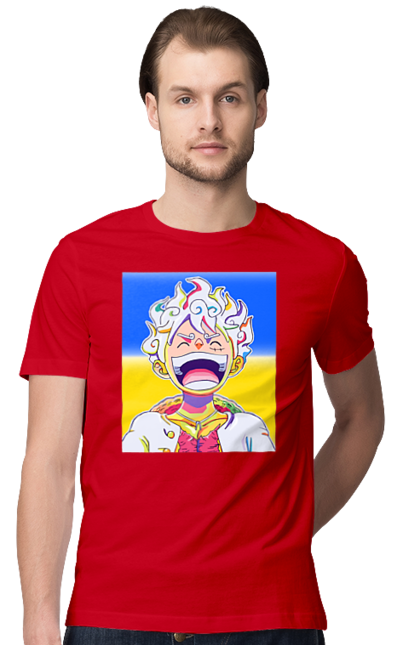 Футболка чоловіча з принтом "Монкі д Луффі сміється на жовто блактному фоні". Ван піс, луффі, монкі д. луффі, прапор україни, символ україни, україна. 2070702