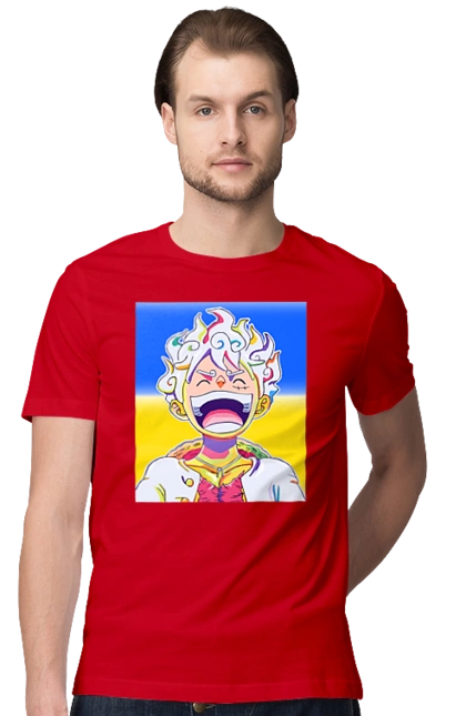 Monkey D Luffy laughing on a yellow blue background