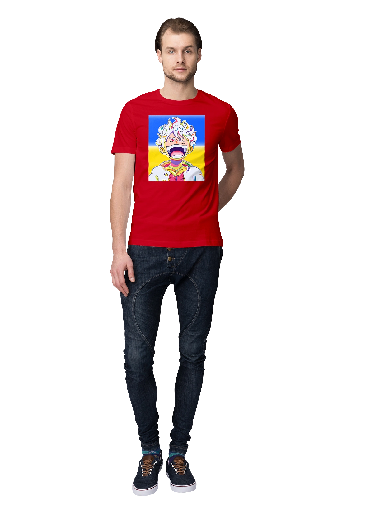 Monkey D Luffy laughing on a yellow blue background