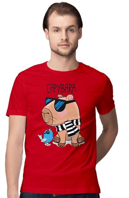 Футболка чоловіча з принтом "Стильна капібара". Капібара, модна капібара, настрій, окуляри, птах, сонячні окуляри, стильна капібара, тварина, шарф у смужку. 2070702
