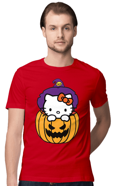 Футболка мужская с принтом Хелло Китти Хэллоуин. Halloween, hello kitty, witch, бренд, ведьма, кот, котенок, персонаж, хелло китти, хэллоуин. 2070702