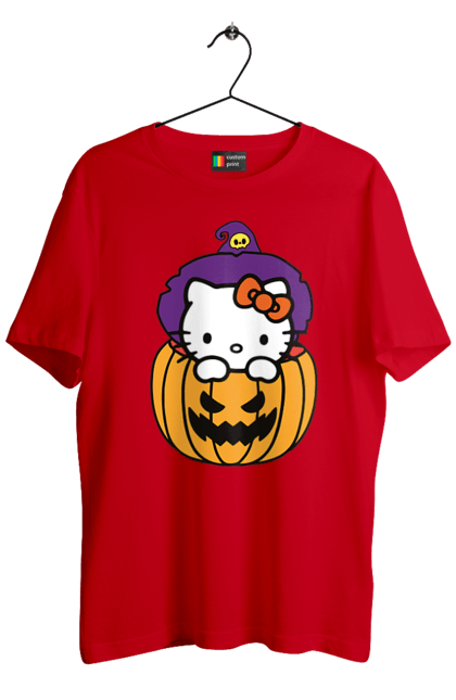 Футболка мужская с принтом Хелло Китти Хэллоуин. Halloween, hello kitty, witch, бренд, ведьма, кот, котенок, персонаж, хелло китти, хэллоуин. 2070702