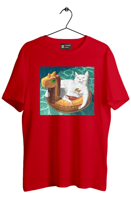 Футболка чоловіча з принтом "Білий кіт у плавальному колі, на відпочинку". Басейн, відпочинок, кіт, коктейль, море, плавальний круг. 2070702