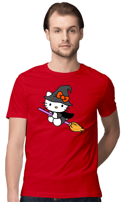 Футболка мужская с принтом Хелло Китти Хэллоуин. Halloween, hello kitty, witch, бренд, ведьма, кот, котенок, персонаж, хелло китти, хэллоуин. 2070702