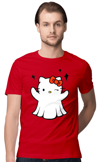 Футболка мужская с принтом Хелло Китти Хэллоуин. Ghost, halloween, hello kitty, бренд, кот, котенок, персонаж, привидение, хелло китти, хэллоуин. 2070702