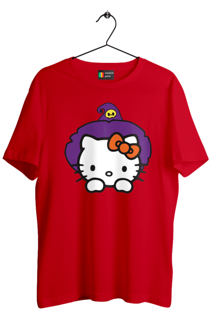 Футболка мужская с принтом Хелло Китти Хэллоуин. Halloween, hello kitty, witch, бренд, ведьма, кот, котенок, персонаж, хелло китти, хэллоуин. 2070702