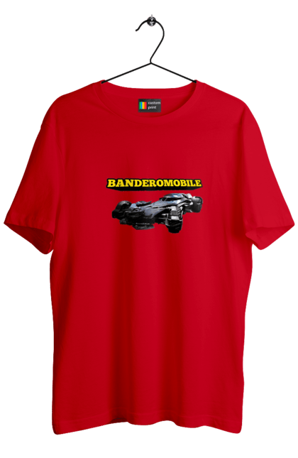 Футболка чоловіча з принтом "Бандеромобіль". Бандера, бандеромобіль, бетмобіль, військова техніка, зсу, супер автомобіль. 2070702