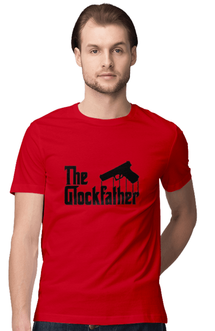 Футболка чоловіча з принтом "The GlockFather". Gangster, glockfather, godfather, godfather reference, вогнепальна зброя, гангстер, глок, зброя, пістолет, пістолет. 2070702