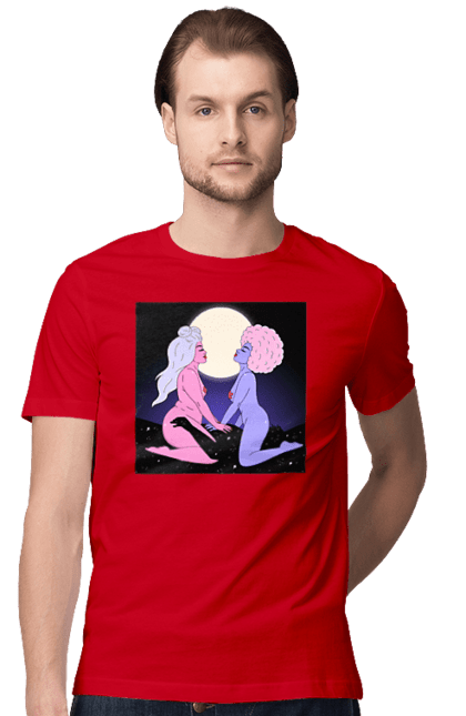 Футболка чоловіча з принтом "Дві Інопланетянки І Місяць". Дівчата, зверху, інопланетянки. 2070702