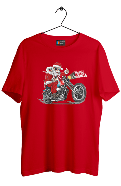 Футболка чоловіча з принтом "Санта в окулярах на мотоциклі". Байкер, дід мороз, зима, мотоцикл, новий рік, різдво, санта, санта клаус, сніг, щасливого різдва. 2070702