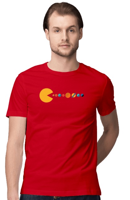 Футболка чоловіча з принтом "Pac Man Planets". Atari, namco, pac man, аркадна відеогра, відеогра, комп`ютерна гра, космос, лабіринт, планети, сонячна система. 2070702