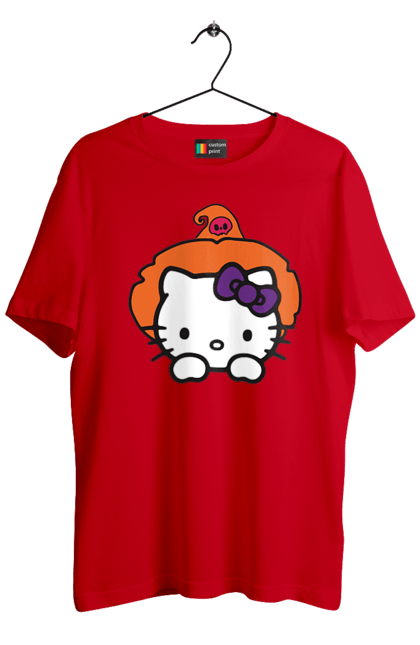 Футболка мужская с принтом Хелло Китти Хэллоуин. Halloween, hello kitty, witch, бренд, ведьма, кот, котенок, персонаж, хелло китти, хэллоуин. 2070702