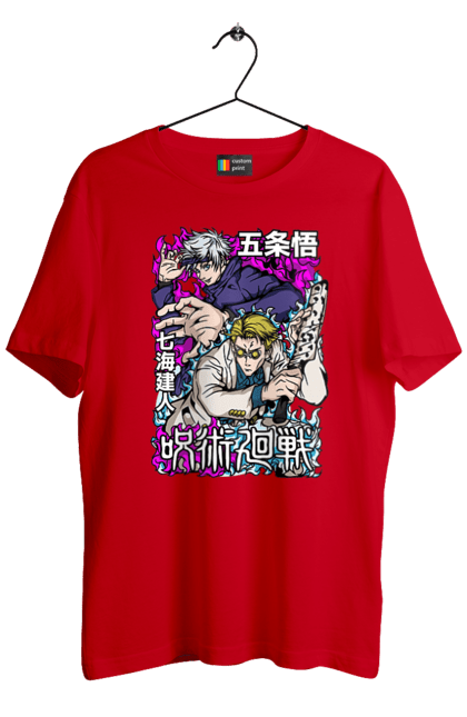 Men's t-shirt with prints Jujutsu Kaisen Nanami and Gojo. Anime, dark fantasy, gojo, jujutsu kaisen, magic battle, manga, mystic, nanami, nanami kento. 2070702