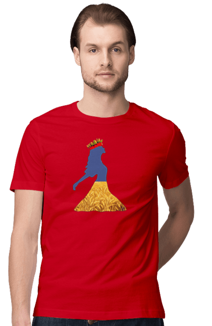 Футболка чоловіча з принтом "Україна". Вінок, дівчина, дівчинка, жовтий синій, жовто-блакитне, маки, національні кольори, небо, пшеничне поле. 2070702