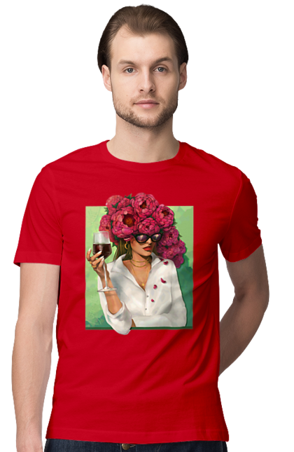 Футболка чоловіча з принтом "Дівчина з півоніями та келихом". Вино, дівчина, квітка, келих, літо, окуляри, півонії, сорочка. 2070702