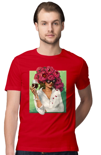 Девушка с пионами и бокалом