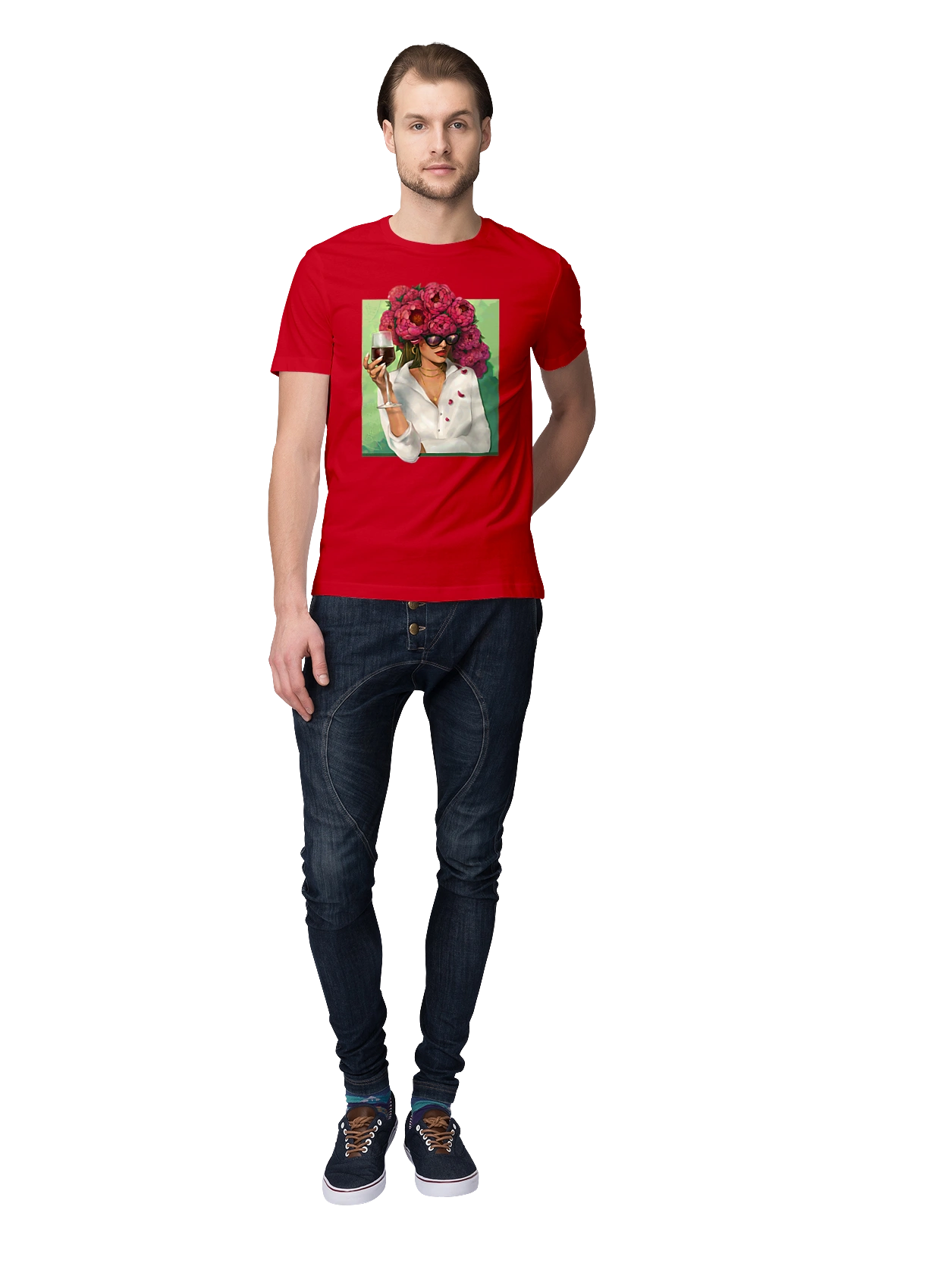 Девушка с пионами и бокалом